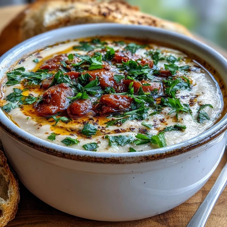 White Bean Soup with Tomato simmered with smoked paprika, ladled from a pot into a cozy serving bowl.