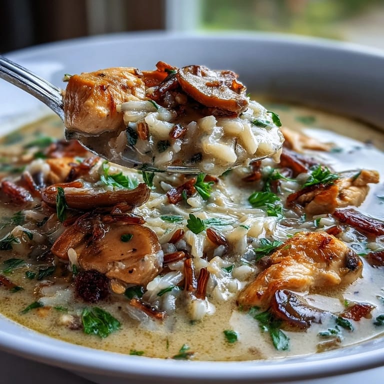 Close-up of savory Parmesan Mushroom Chicken and Wild Rice Soup with tender mushrooms.