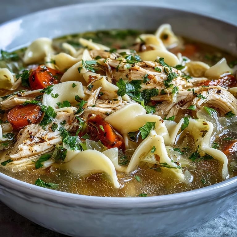 Steaming bowl of classic Chicken and Noodle Soup featuring wide egg noodles, fresh parsley, and lemon on the side.