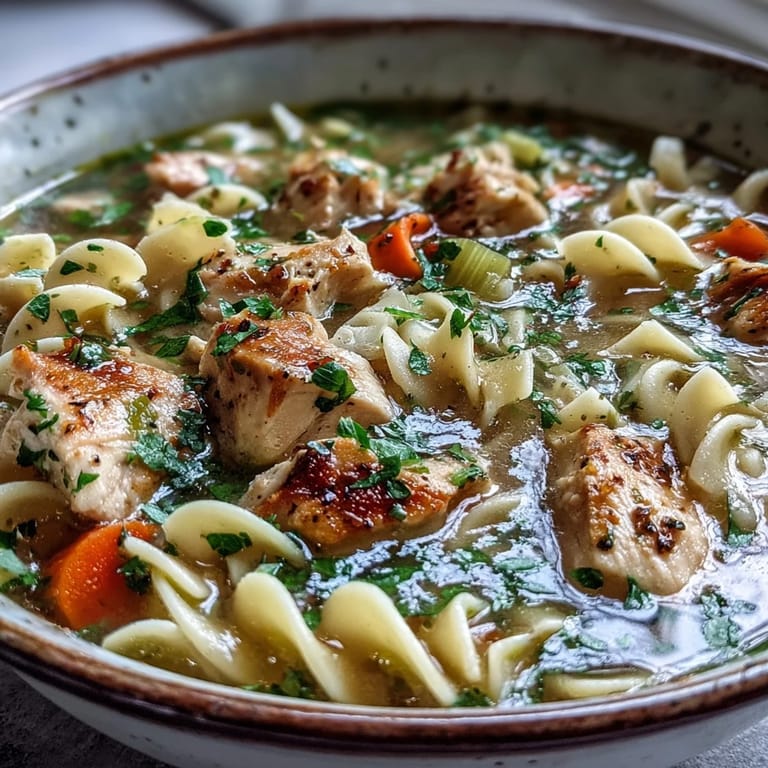 - Close-up of ladled Chicken Noodle Soup with juicy chicken pieces, fresh parsley, and herbs in a rustic setting.