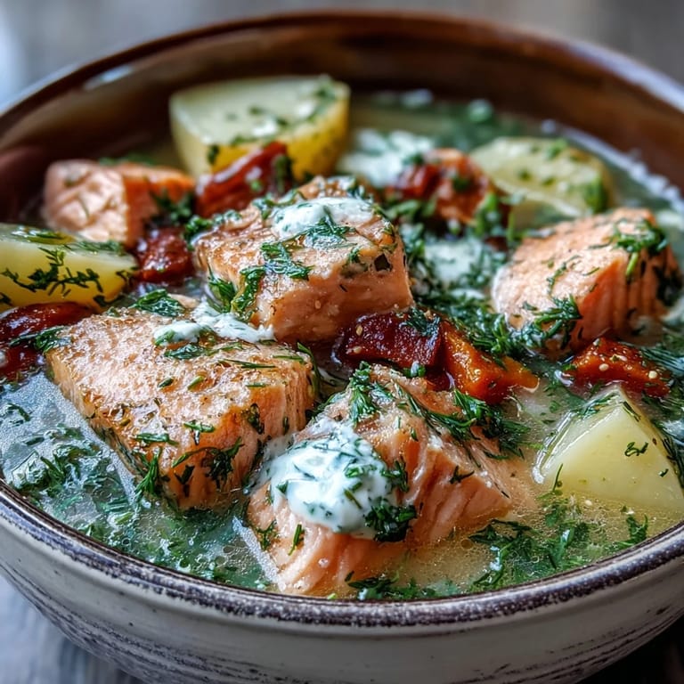 Close-up of Finnish Salmon Soup, highlighting silky cream broth with salmon and vegetables in a ceramic pot.