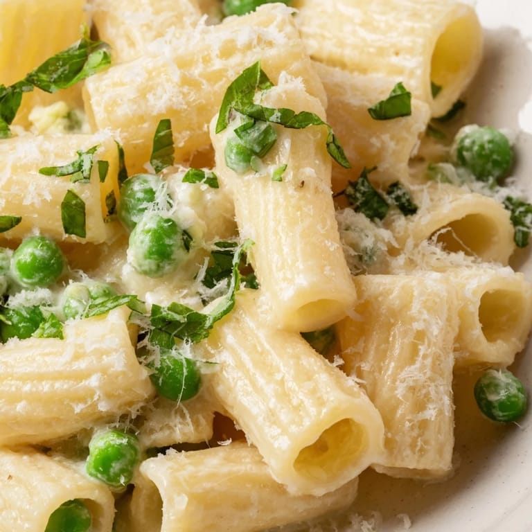 Overhead view of Pea & Lemon Ricotta Pasta in a shallow bowl, featuring al dente rigatoni tossed with sweet peas and a tangy lemon-ricotta drizzle.