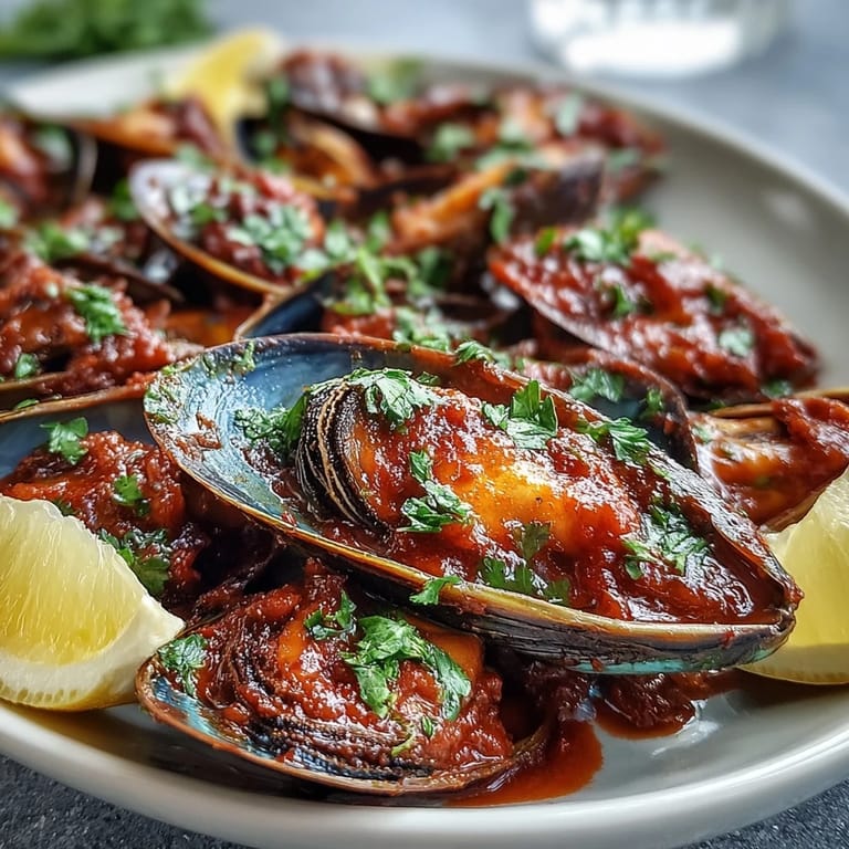 Tender Smoky Mussels Pomodoro served hot with lemon wedges and fresh parsley garnish.