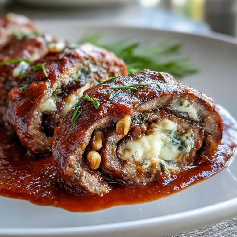Freshly seared Sicilian-Style Braciole rolls stuffed with raisins, pine nuts, and herbs ready for braising.