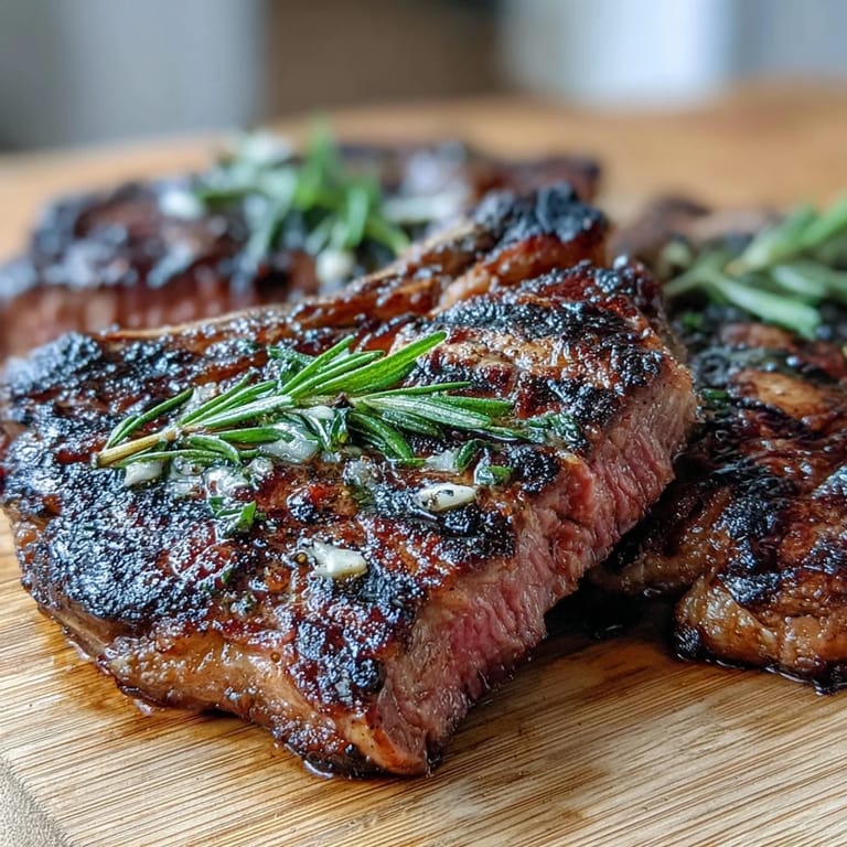 Thick-cut bone-in rib eye steak hot off the grill, paired with roasted baby potatoes and asparagus for a complete meal.
