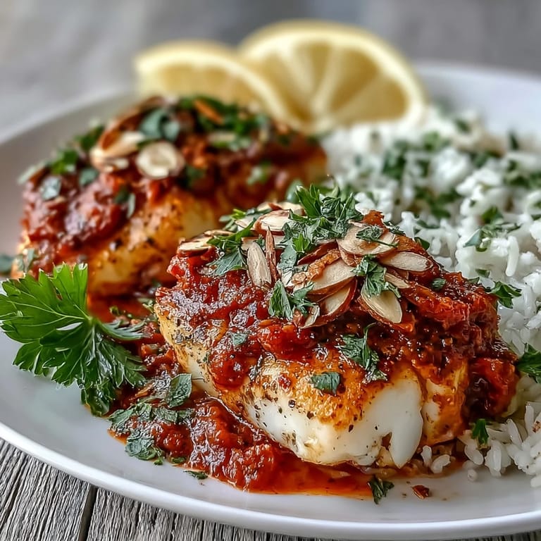 Plated Tomato-Roasted Cod With Spiced Almonds highlights golden almonds and herbs, paired with fluffy ginger rice for a Mediterranean-inspired family meal.