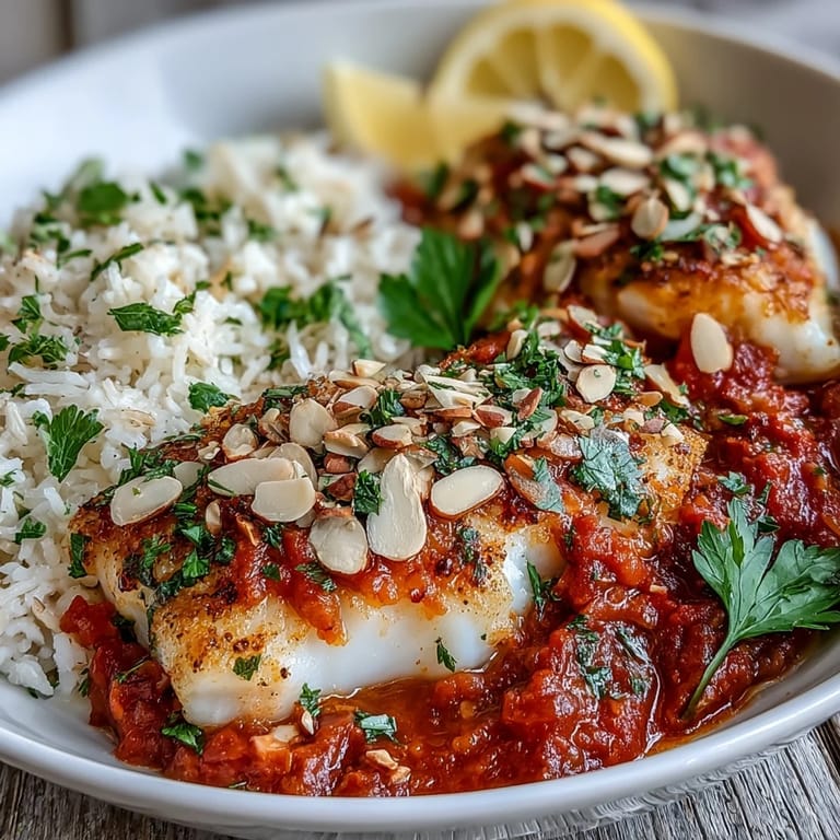 A close-up of Tomato-Roasted Cod With Spiced Almonds in a tomato sauce, served with aromatic ginger rice and fresh lemon on the side.