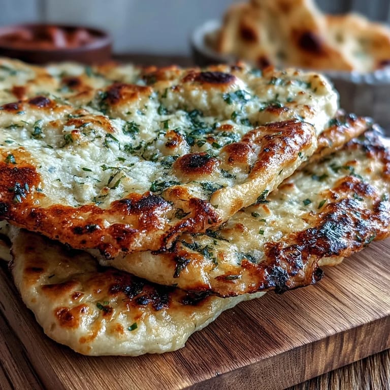 The Best Easy Garlic Naan Bread with charred spots and buttery gloss, ready to tear and scoop up lentil dal.