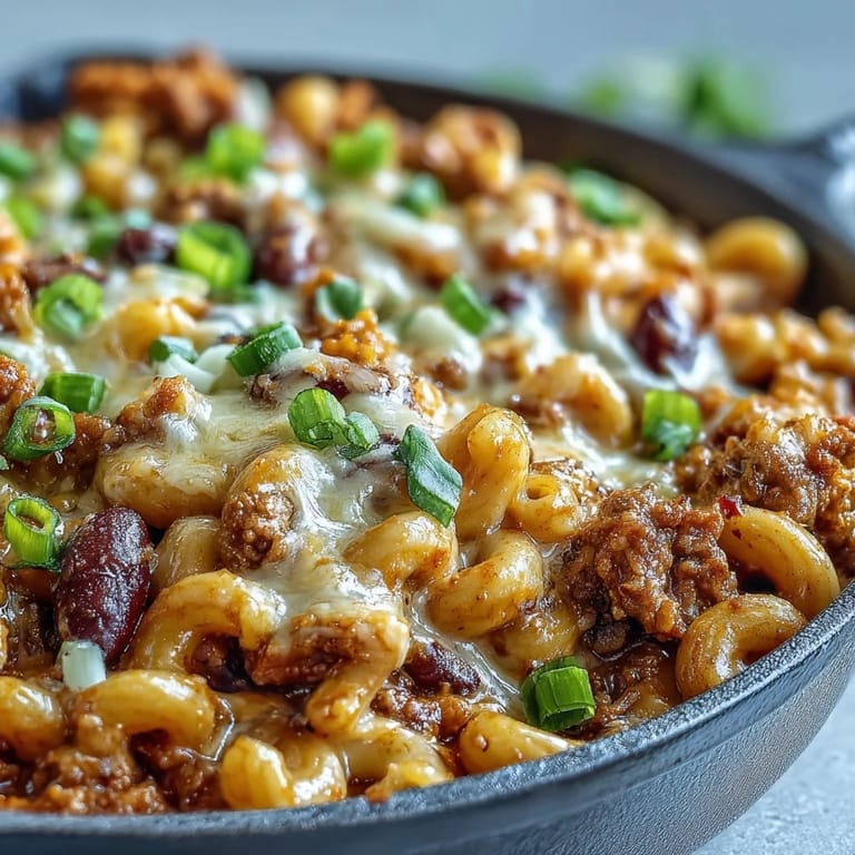 Steaming One-Pan High Protein Chili Mac with gooey cheddar and beans, served next to crunchy tortilla chips.