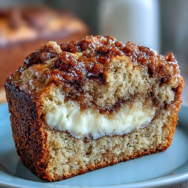 Perfectly golden brown Cream Cheese Cinnamon Swirl Banana Bread sits on a marble counter, ready to be sliced for a delicious breakfast treat.