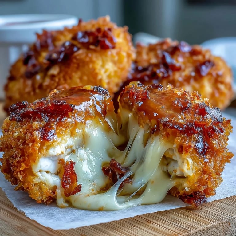 Buffalo Chicken Bacon Mozzarella Bombs plated on a rustic board, showcasing smoky bacon flecks and spicy red glaze.