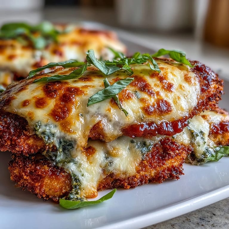 Fresh basil garnish crowns this cheesy Pesto Chicken Parmesan served over steaming spaghetti.