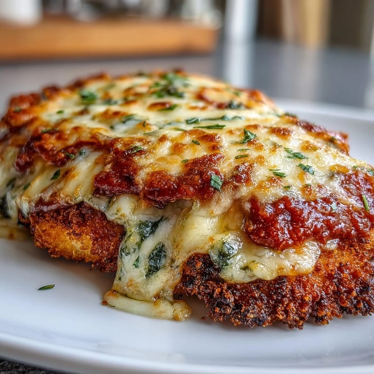 Sizzling skillet-fried chicken breasts topped with pesto and marinara, finished with bubbly cheese.