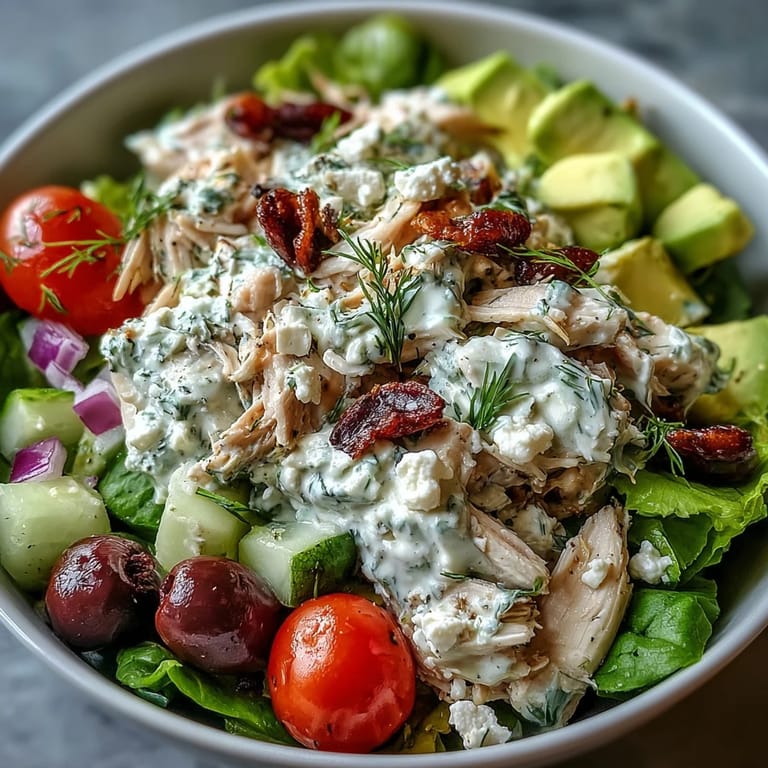 Tzatziki Chicken Salad with shredded chicken and feta in a bowl, ready to serve.