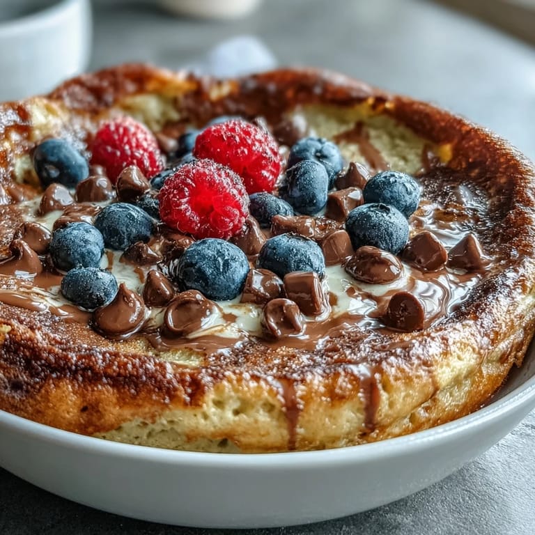 Close-up of a spoon digging into a warm Baked Protein Pancake Bowl, revealing moist interior crumb and melted chocolate chips.