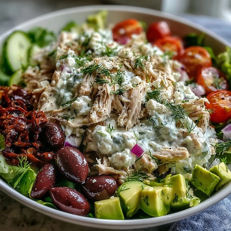 Bowl of Tzatziki Chicken Salad garnished with cherry tomatoes and olives for a Mediterranean lunch.
