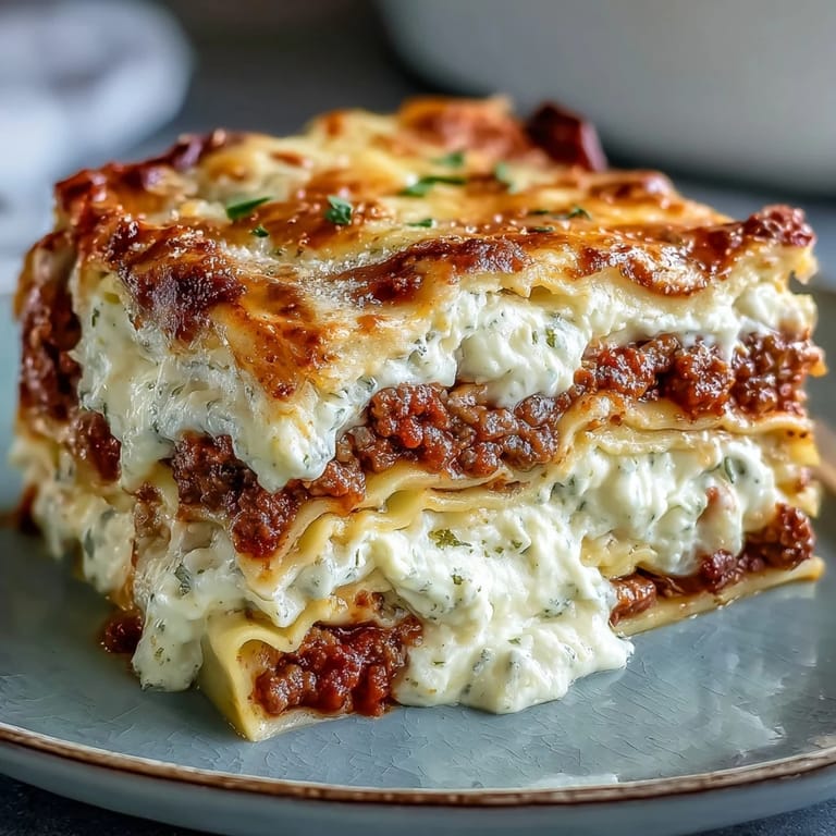 Close-up of a serving of Worlds Best Lasagna being lifted, revealing hearty layers of meat sauce and cheese.