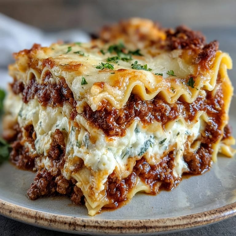 Sliced Worlds Best Lasagna served on a white plate, showing tender noodles, creamy ricotta, and fresh basil garnish.