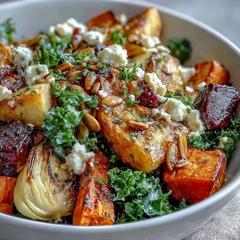 A close-up of the Winter Root Vegetable Bowl shows caramelized beets, glistening dressing, and pumpkin seeds atop massaged kale. 