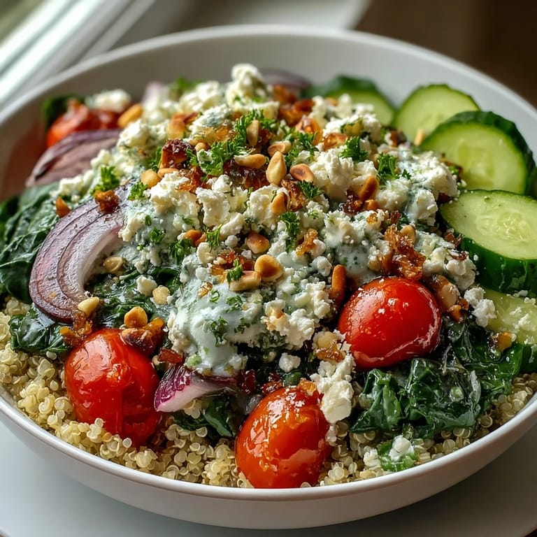 A wholesome Mediterranean grain bowl filled with fluffy quinoa, creamy feta, and crisp fresh vegetables.