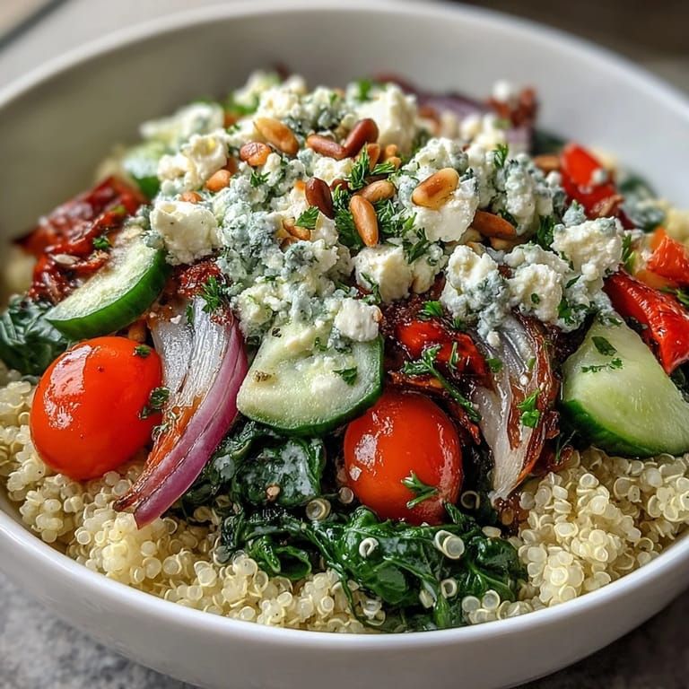 Wilted spinach and tangy feta cheese over warm grains, garnished with pine nuts and fresh parsley.