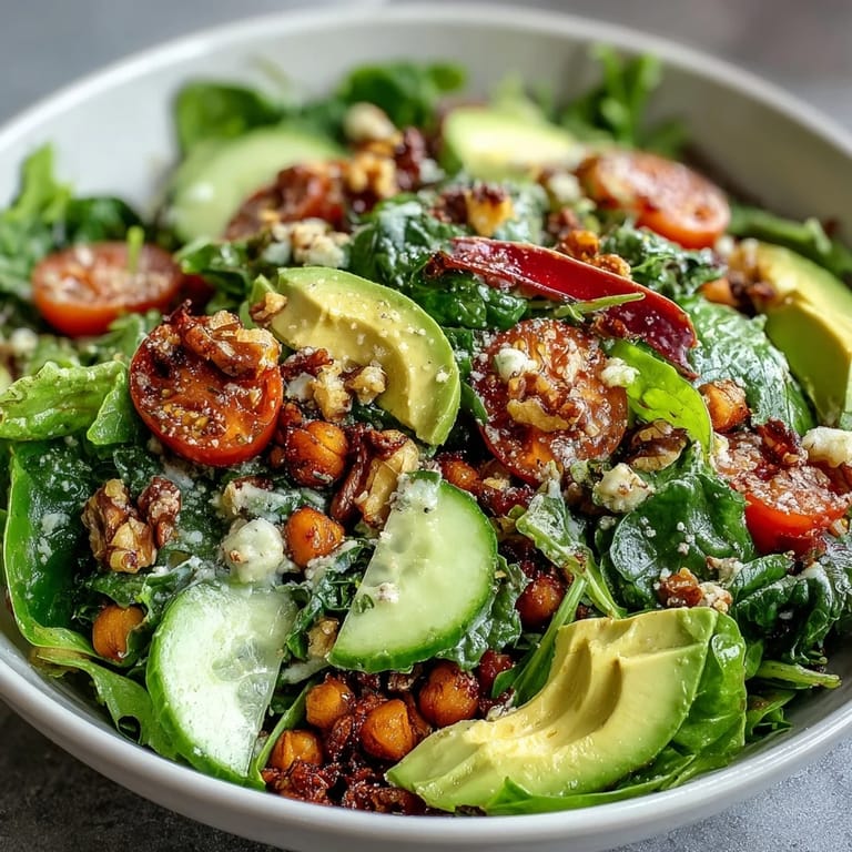 A plated Mixed Greens Power Bowl with creamy avocado slices, ready for lunch with a lemon dressing drizzle.