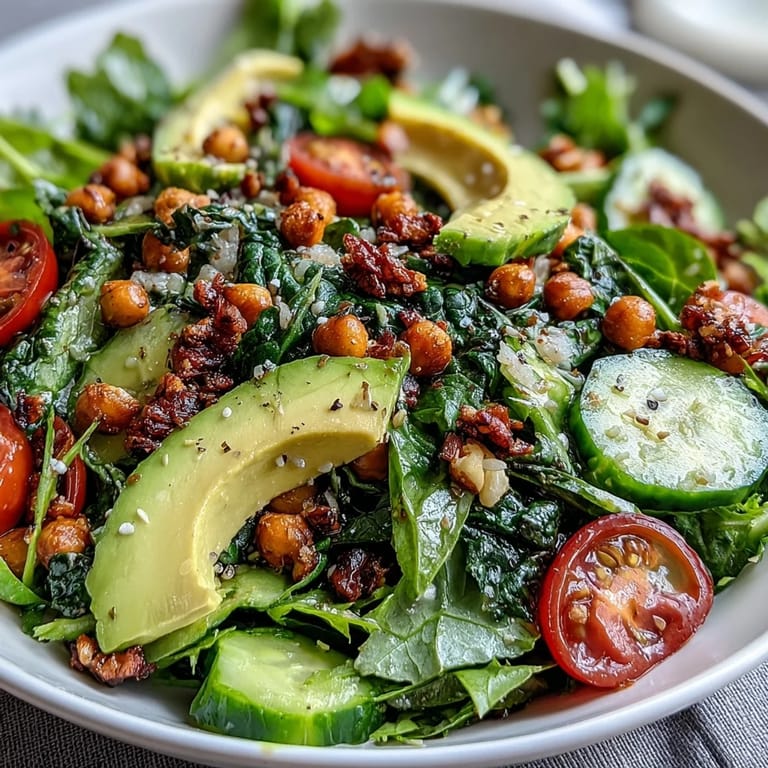 A close-up view of a vibrant Mixed Greens Power Bowl featuring chickpeas, shredded carrots, and toasted walnuts. 