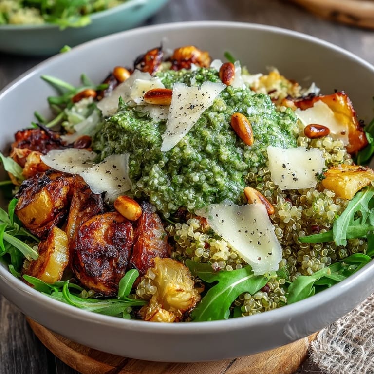Warm Arugula Pesto Bowl featuring fluffy quinoa and tender vegetables drizzled with zesty homemade pesto.