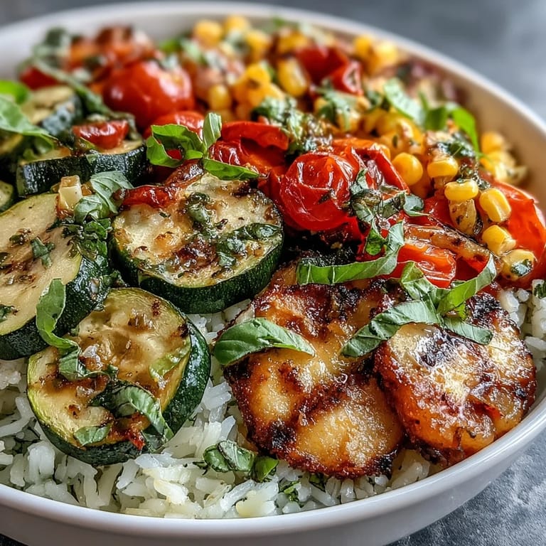A close-up of the Summer Vegetable Bowl, highlighting juicy tomatoes, tender zucchini, and sweet corn in a skillet.