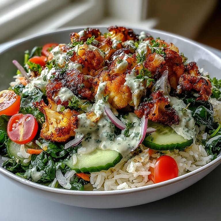 Plated roasted cauliflower bowl featuring colorful vegetables and fluffy rice, perfect for a healthy vegetarian dinner.