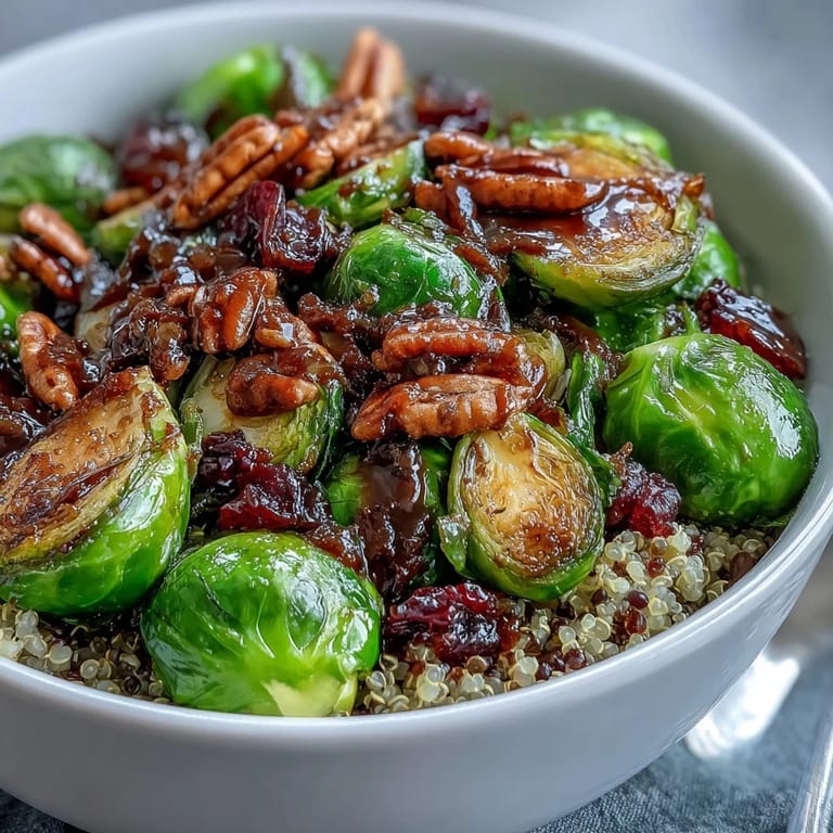 Close-up of a hearty Roasted Brussels Sprouts Bowl, featuring caramelized vegetables and crunchy pumpkin seeds over warm grains, perfect for a healthy meal.