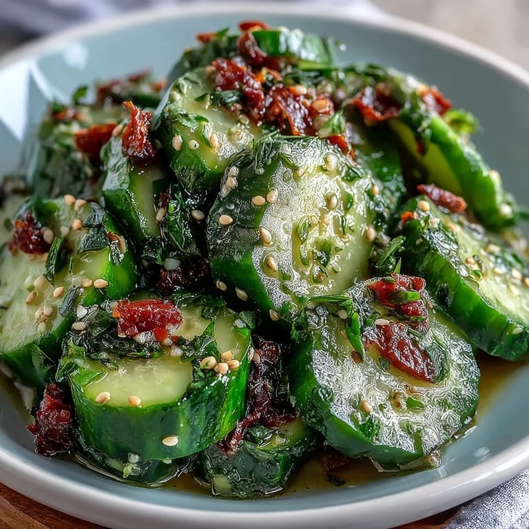 Crunchy smashed cucumbers in a spicy garlic chili oil dressing, garnished with sesame seeds and fresh herbs for a zesty side dish.