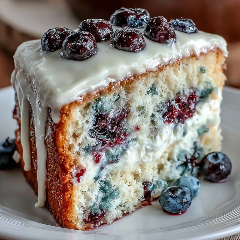 Bright and cheerful lemon blueberry birthday cake topped with swirls of tangy lemon cream cheese frosting and fresh berries.