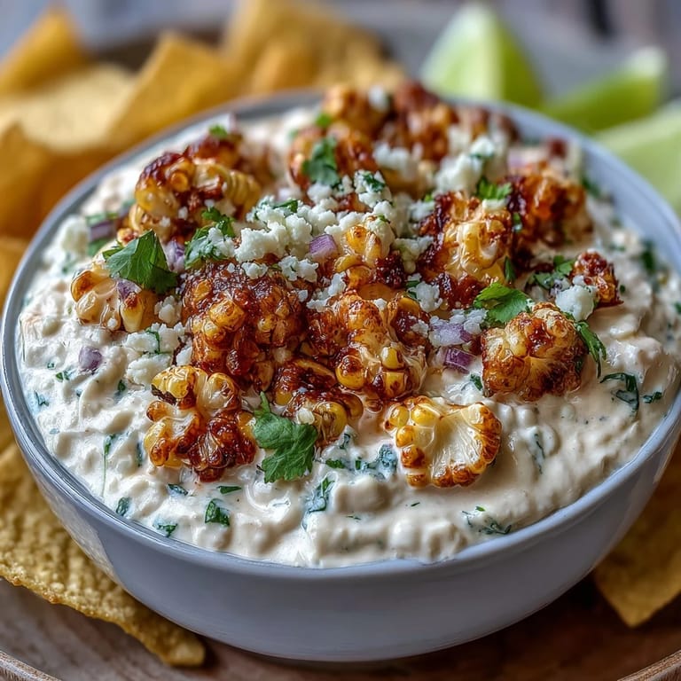 Spicy Mexican elote dip featuring smoky grilled corn, jalapeño, and tangy cotija, garnished with fresh cilantro and served with crunchy tortilla chips.