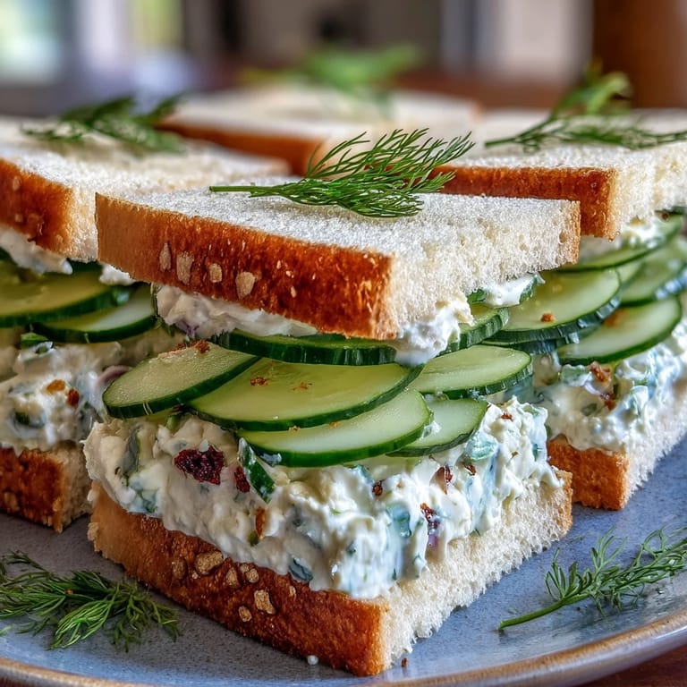 Elegant lemon butter tea sandwiches layered with cucumber and herbs, beautifully arranged for a special Mothers Day celebration.