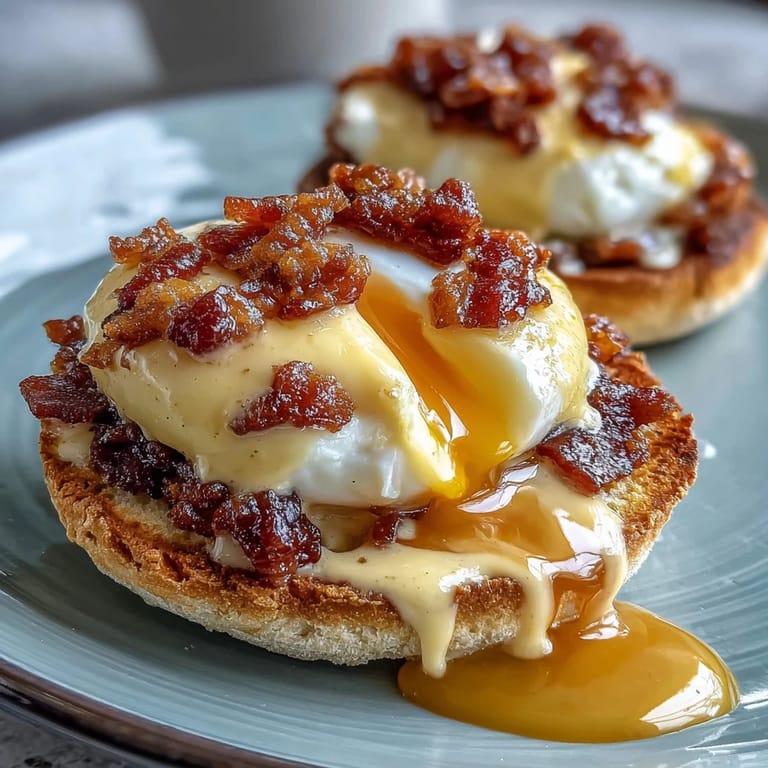Golden poached eggs and savory Canadian bacon rest on warm English muffins, topped with rich, buttery hollandaise sauce for an indulgent breakfast experience.