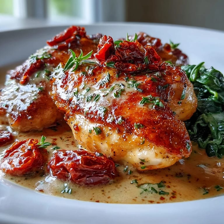 Aromatic Creamy Tuscan Chicken with spinach and sun-dried tomatoes, served hot with a silky, herb-infused sauce perfect for pasta or rice.