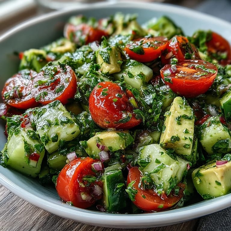 Creamy avocado and juicy tomatoes tossed with crisp cucumbers, all drizzled in zesty lemon dressing for a refreshing, nutrient-packed salad.