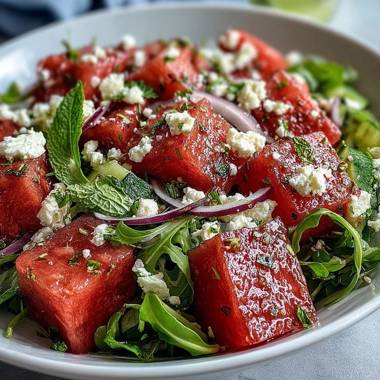 Vibrant Watermelon and Arugula Salad with feta and lime vinaigrette—a light, healthy meal perfect for hot days.  