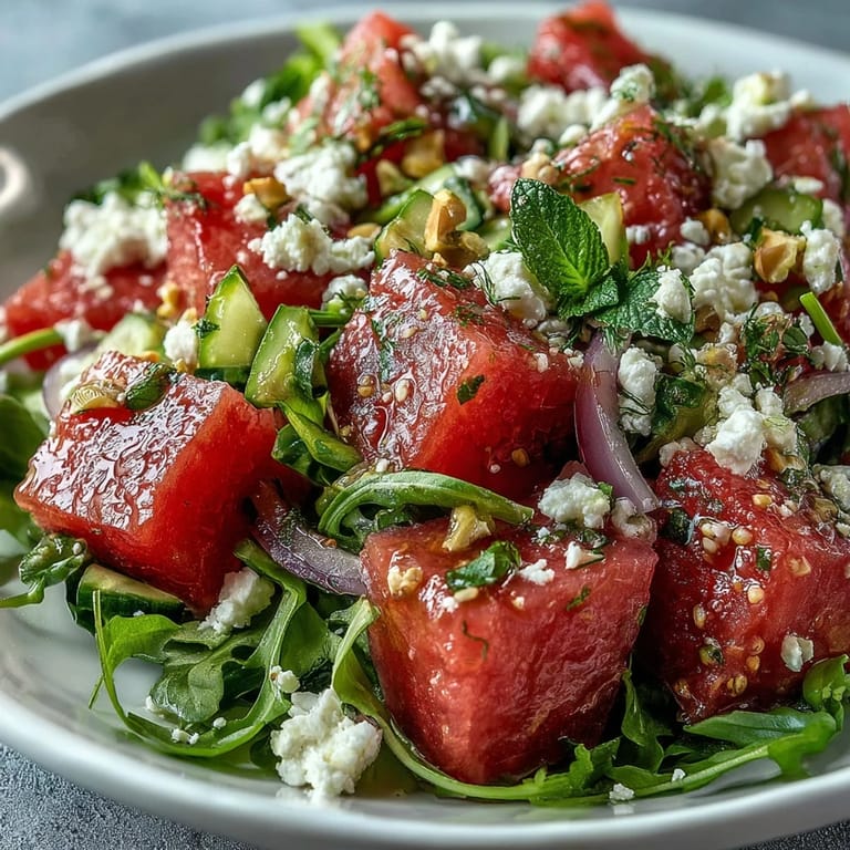 Refreshing Watermelon and Arugula Salad featuring juicy fruit, crisp arugula, and zesty lime dressing for a bright, summery dish.