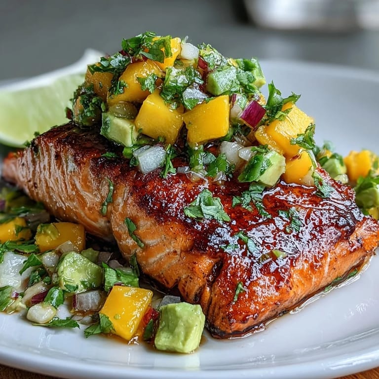 Tender baked salmon fillets served with a colorful mango avocado salsa, offering a juicy, refreshing summer dish perfect for dinner.