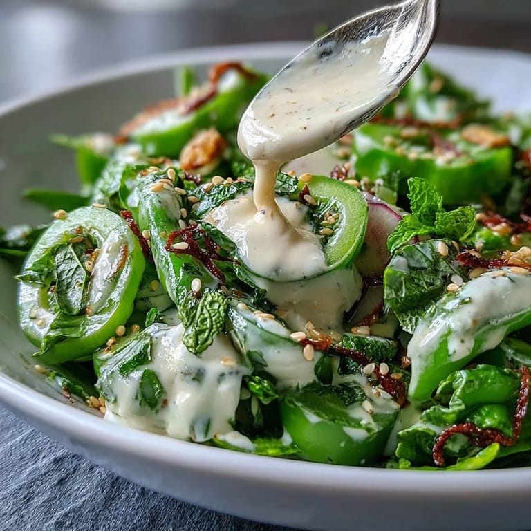 Fresh spring salad featuring snap peas, radishes, and zesty tahini dressing.