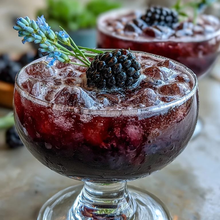 Sweet Blackberry Lavender Lemonade Fizz garnished beautifully for a garden party.
