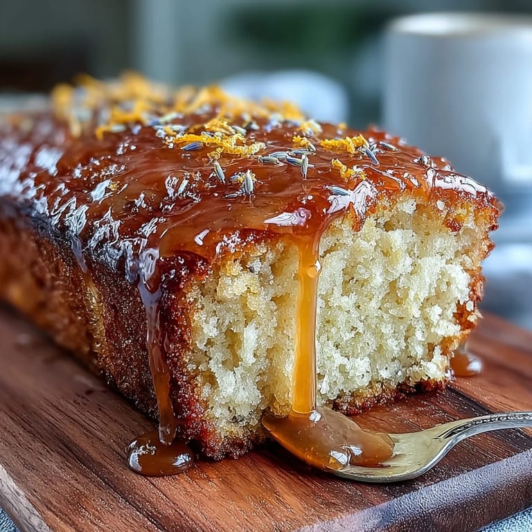 Moist Lemon Lavender Loaf cake, drizzled generously with glistening honey glaze.