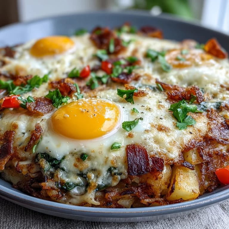 Delectable Loaded Hash Brown Skillet, perfectly golden, featuring crisp bacon and runny yolks.