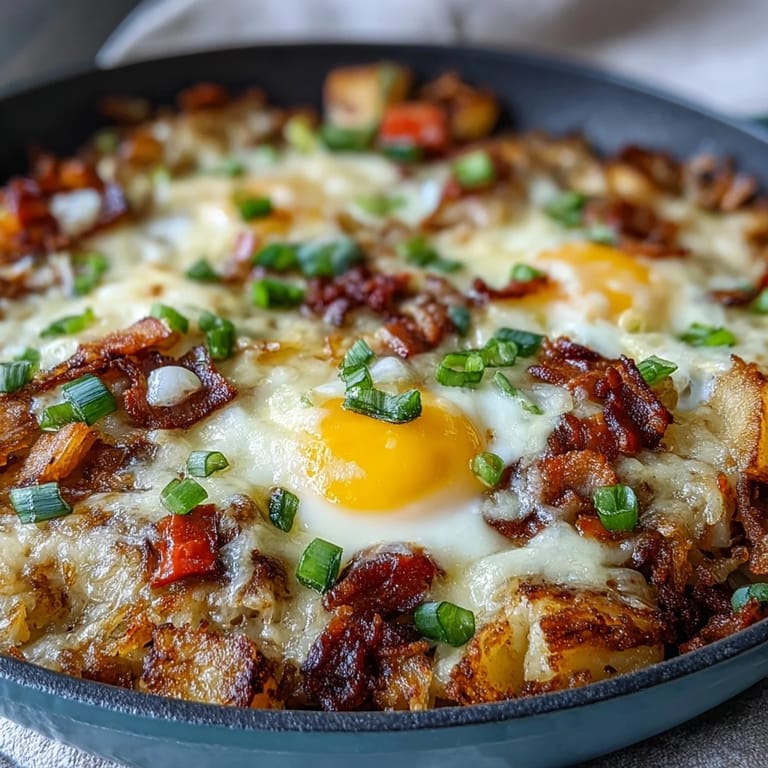 Hearty Father's Day Loaded Hash Brown Skillet piled high with savory goodness.