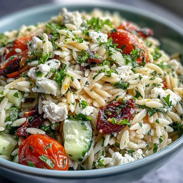 Delectable Summer Orzo Salad with Feta and Lemon dressing, ready to serve.