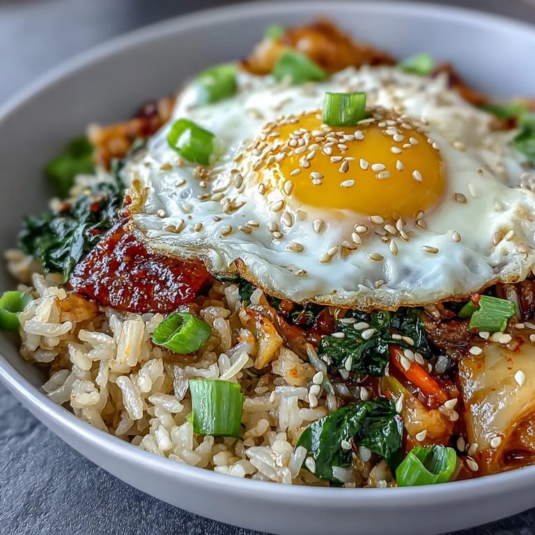 Hearty kimchi fried rice bowl, savory with a perfectly cooked egg and fresh green onions.