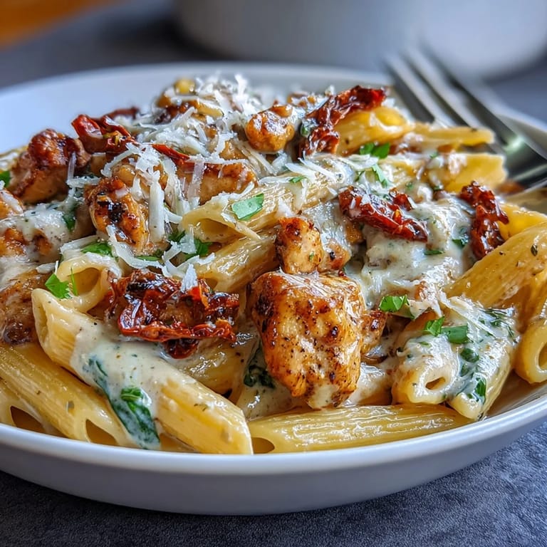Viral Marry Me Chicken Pasta: a rich, dairy-rich dish with al dente pasta and fresh basil.