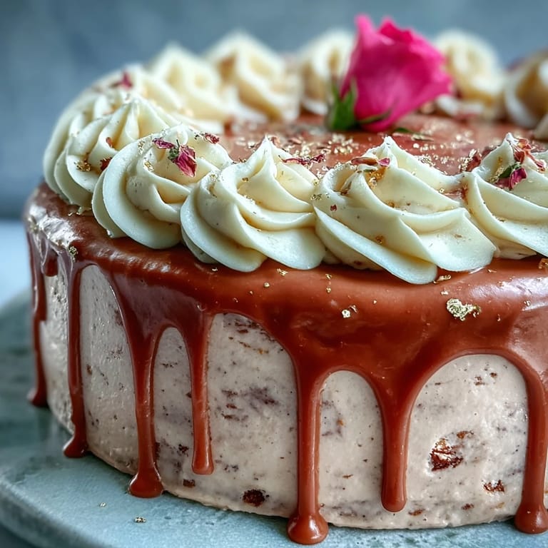 Gorgeous Bridal Shower Rosé Velvet Cake showcasing a luxurious, flowing homemade gold chocolate drip.